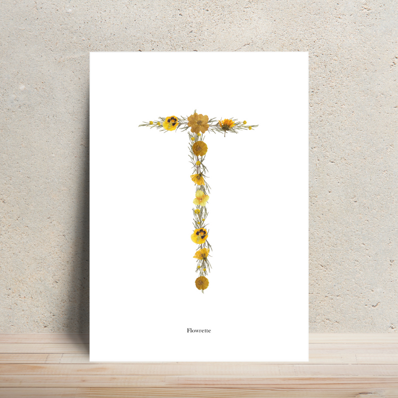 Affiche A4 herbier lettre jaune, vue d'ensemble sur fond blanc - Flowrette