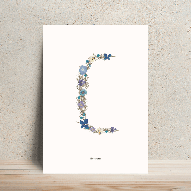 Affiche A4 herbier lettre bleue, idée cadeau personnalisé - Flowrette