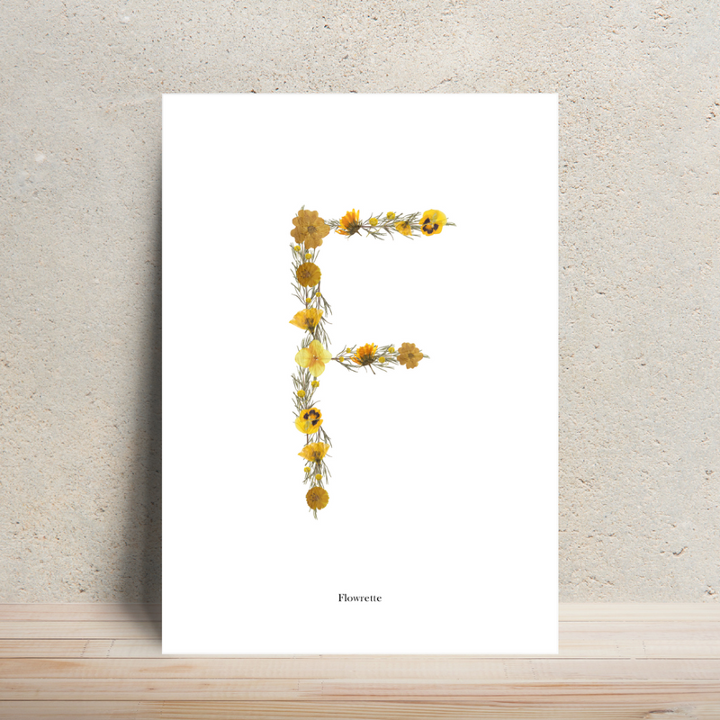 Affiche A4 herbier lettre jaune, idée cadeau personnalisé - Flowrette