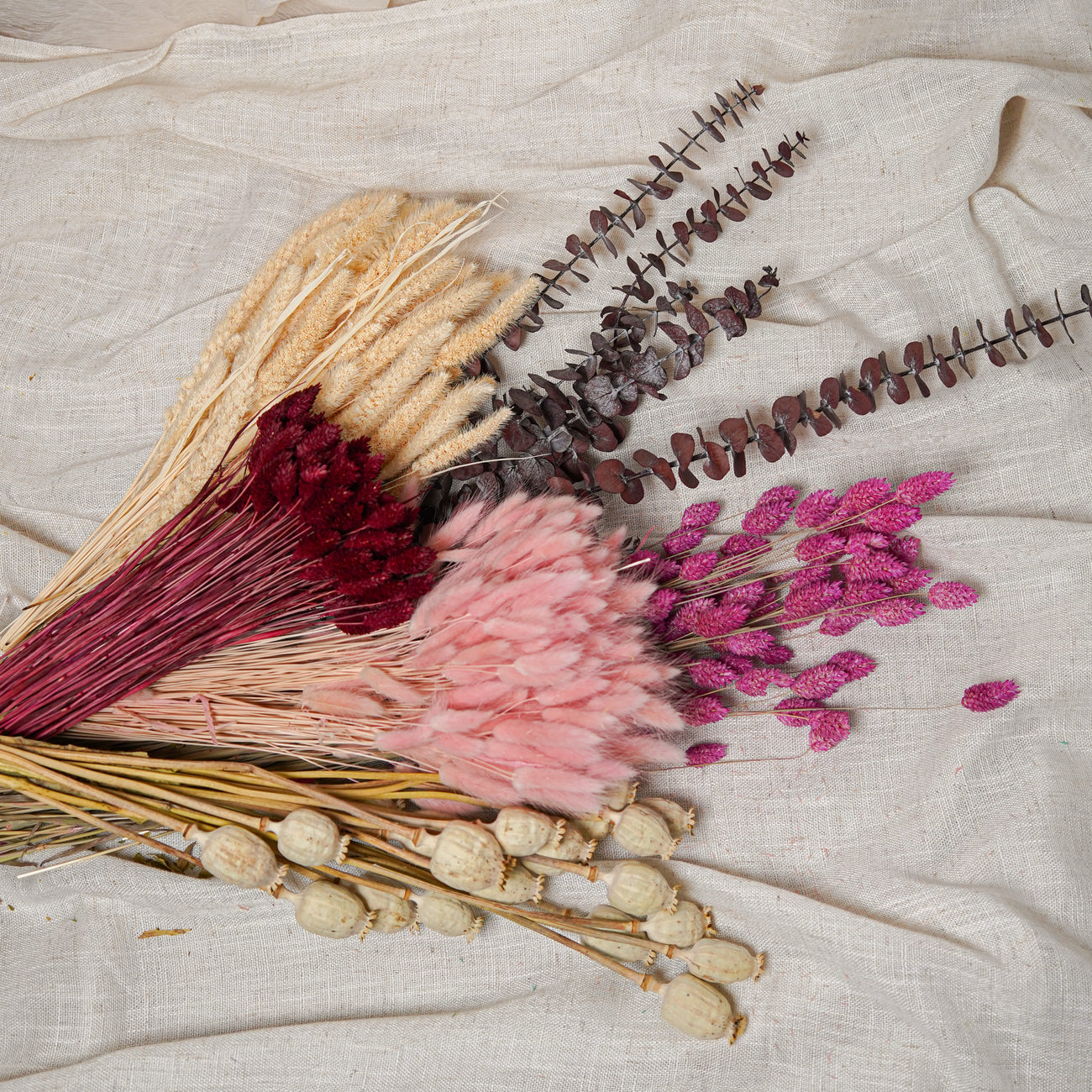 Assortimento di mazzi di fiori secchi rosa beige rosso - Flowrette