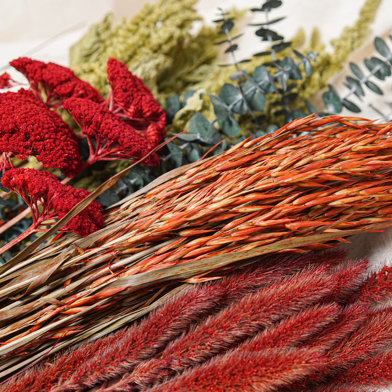 Assortiment de bottes de fleurs séchées vert rouge orange - Flowrette — visuel 3