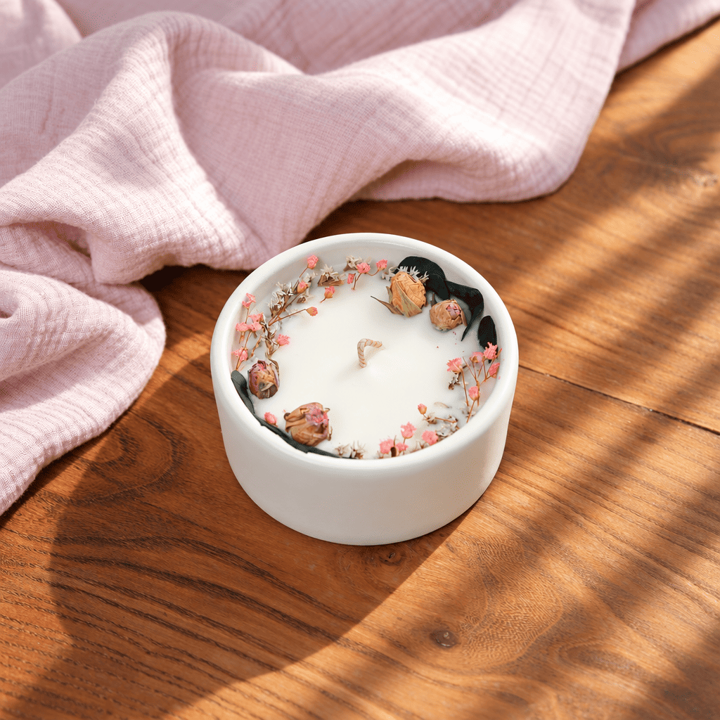 Bougie fleurie mûre et myrtille décorée de fleurs séchées, vue de face - Flowrette