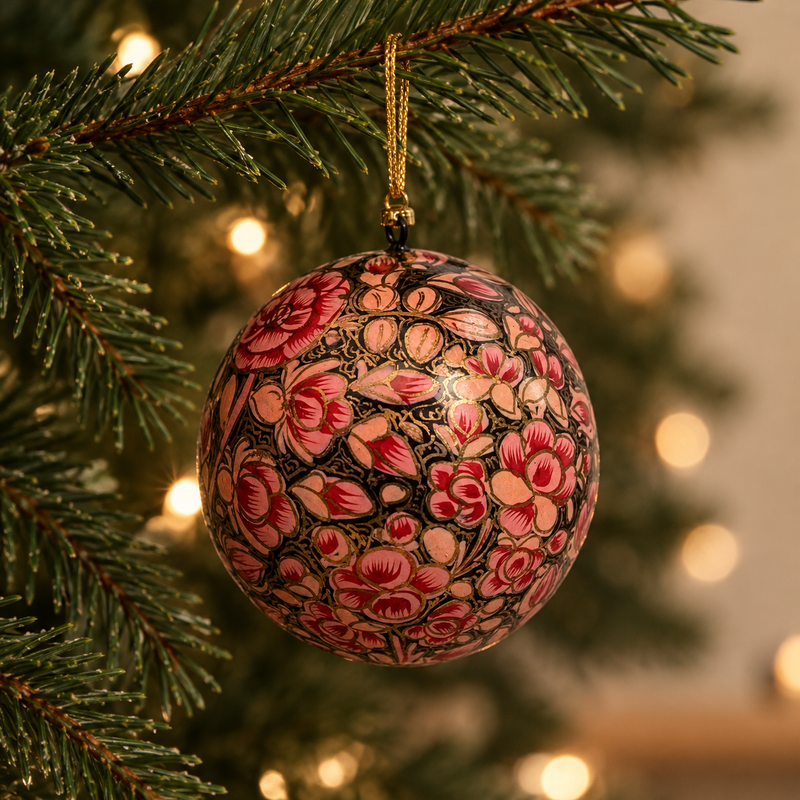 boule de noel avec des fleurs roses peintes à la main, accrochée à une branche de sapin