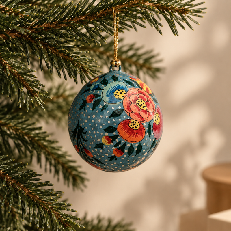 boule de noel artisanale bleue avec des fleurs peintes à la main, accrochée à une branche de sapin et vue de profil