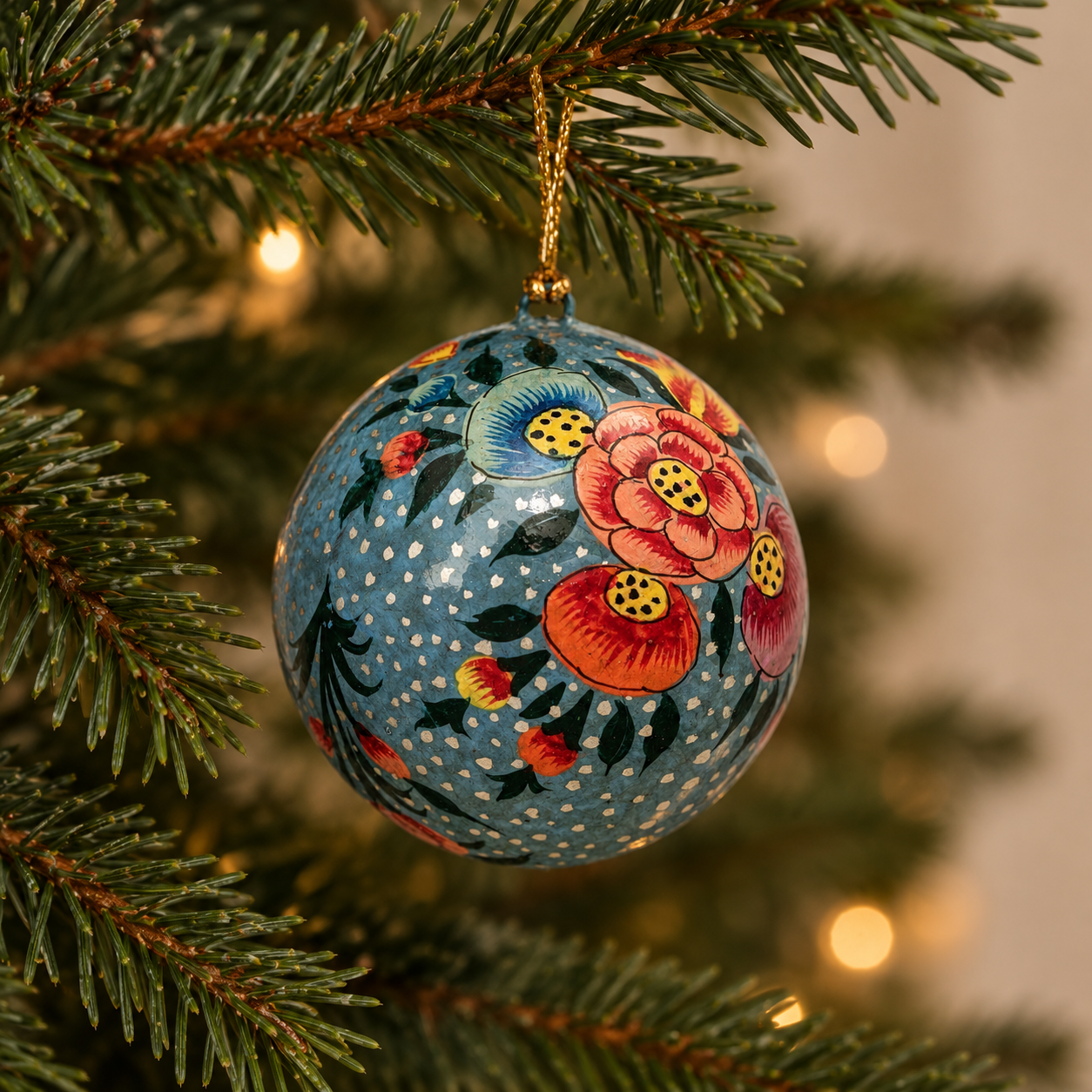 boule de noel artisanale bleue avec des fleurs peintes à la main, accrochée à une branche de sapin