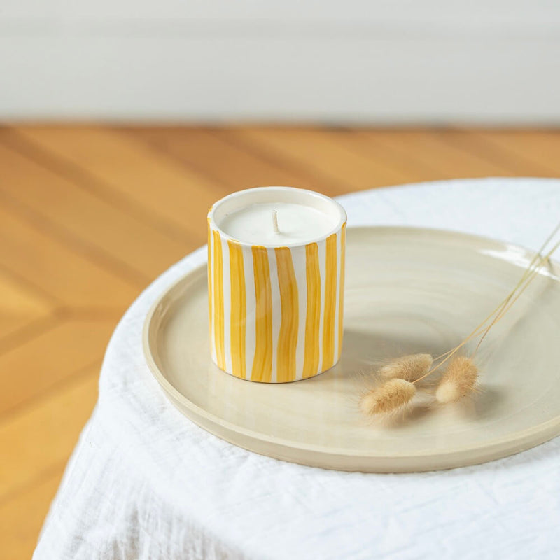 Bougie Rayée Métallisée - Diam. 10 Cm, H. 20 Cm - Bleu Nuit - Longue Durée (185 Heures)