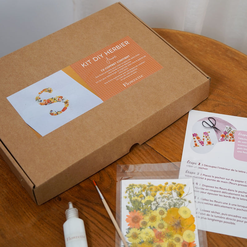Kit DIY herbier abécédaire jaune, coffret fleurs pressées - Flowrette