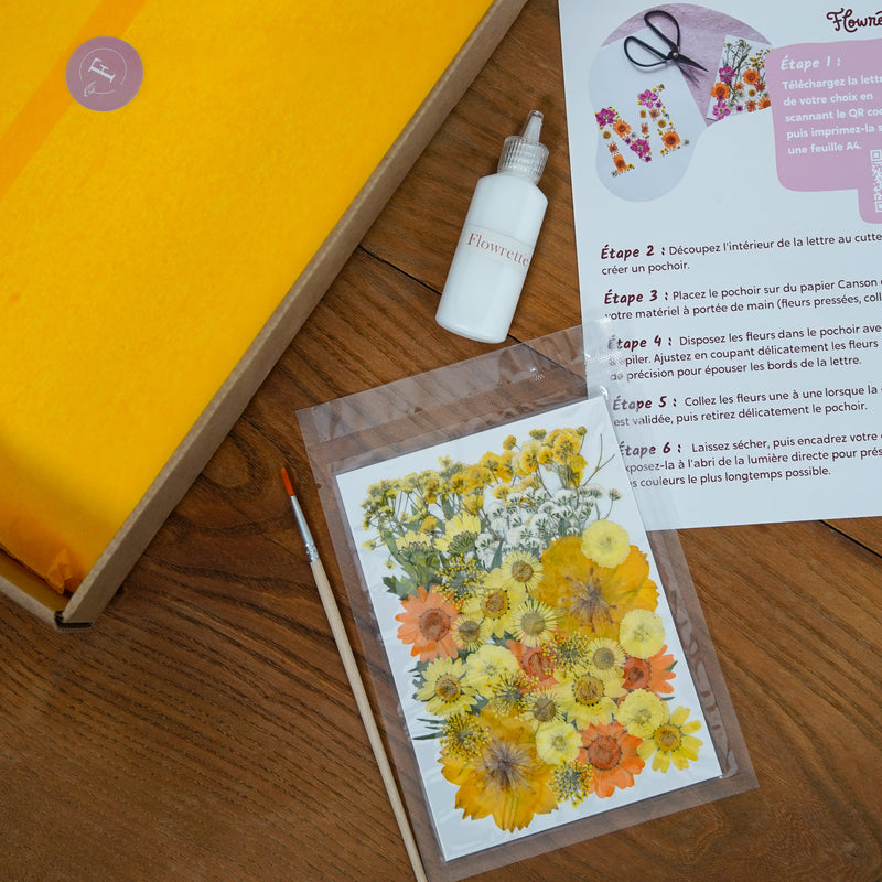 Kit DIY herbier abécédaire jaune, coffret fleurs pressées - Flowrette
