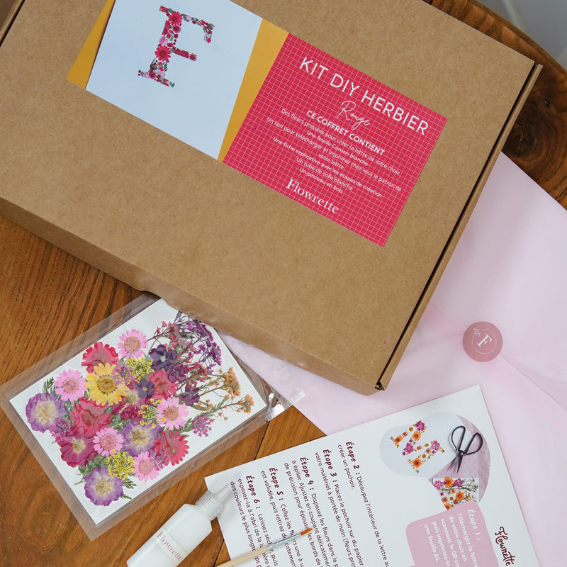 Kit DIY herbier abécédaire rouge, coffret fleurs pressées - Flowrette
