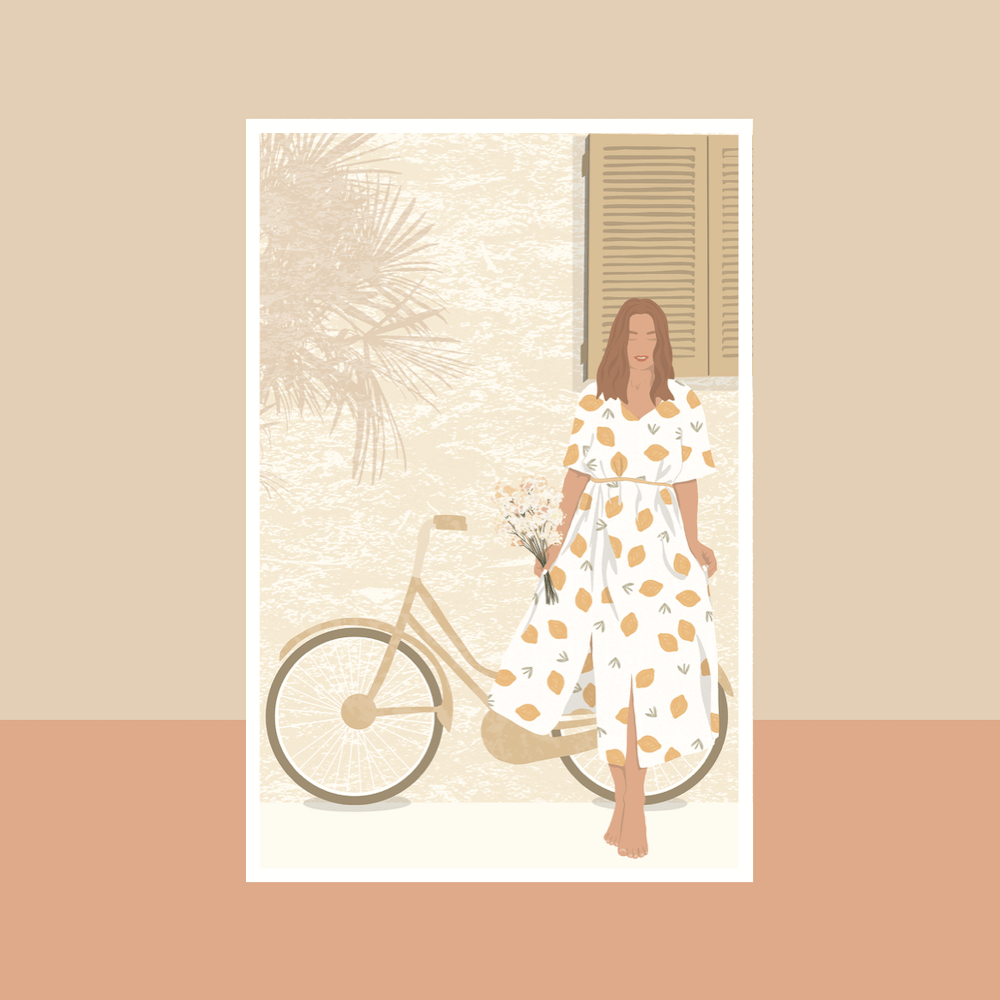 Carte postale La femme au vélo, illustration artistique - Flowrette