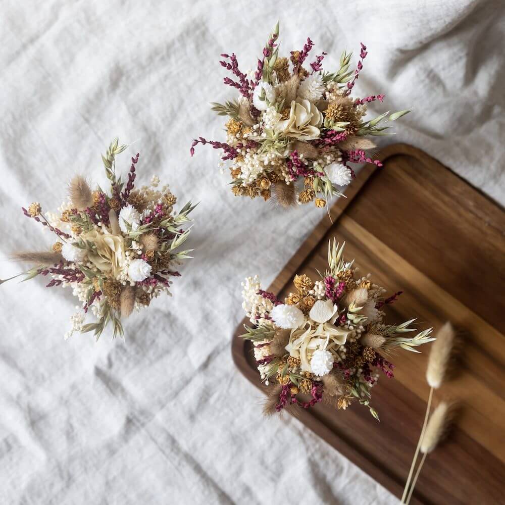 Trio petits bouquets Rivoli en fleurs séchées, vue d'ensemble - Flowrette