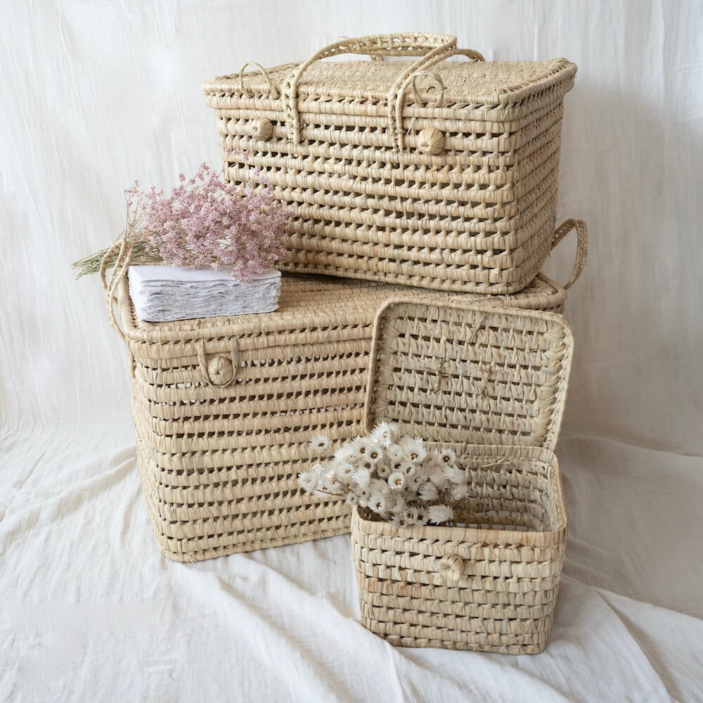 Trio de malles artisanales en palme, différentes tailles - Flowrette